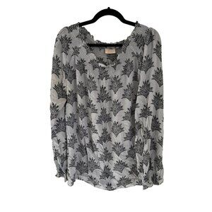 RANGOLEE Off The Shoulder Silk Blouse Tunic Gray Floral